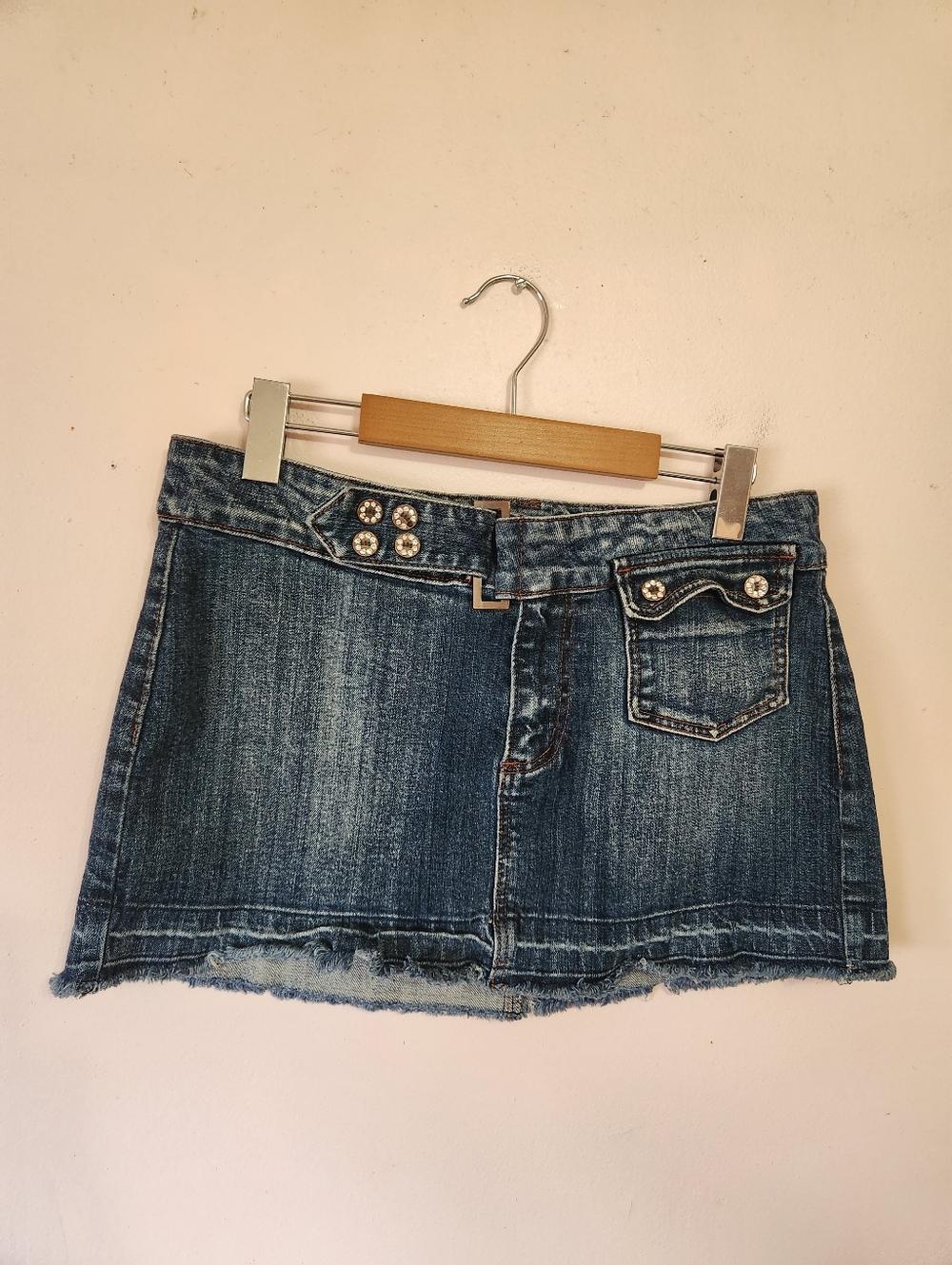 Vintage Y2K H&G Angel Wing Denim Mini Skirt McBling Gyaru Rhinestone Low Rise L